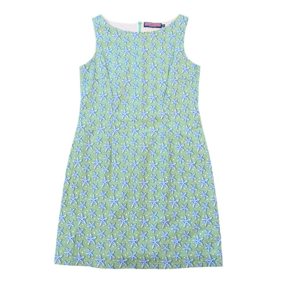VINEYARD VINES Starfish Dress 8 Stretch Cotton Green Blue White Ocean